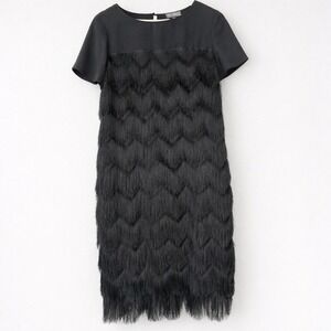 Limited Black Dress Chevron Fringe Cocktail Vintage Sheer Yoke 20s Gatsby Small